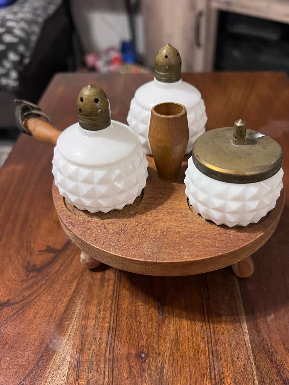 Vintage Made in Japan Milk Glass Condiment Set Wood Caddy MCM